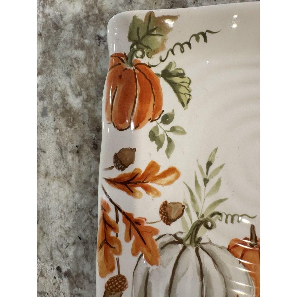 Thanksgiving Turkey Dinner Serving Plate Autumn Fall 11" Square Ceramic L2 - Picture 3 of 5